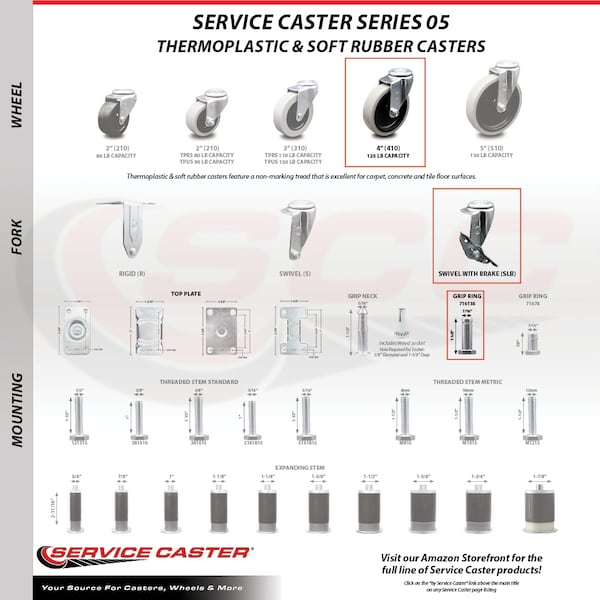 Service Caster 4 Inch Thermoplastic Wheel 1-3/8 Inch Grip Ring Stem Caster with Brakes, 4PK SCC-GR05S410-TPRS-SLB-716138-4 - main